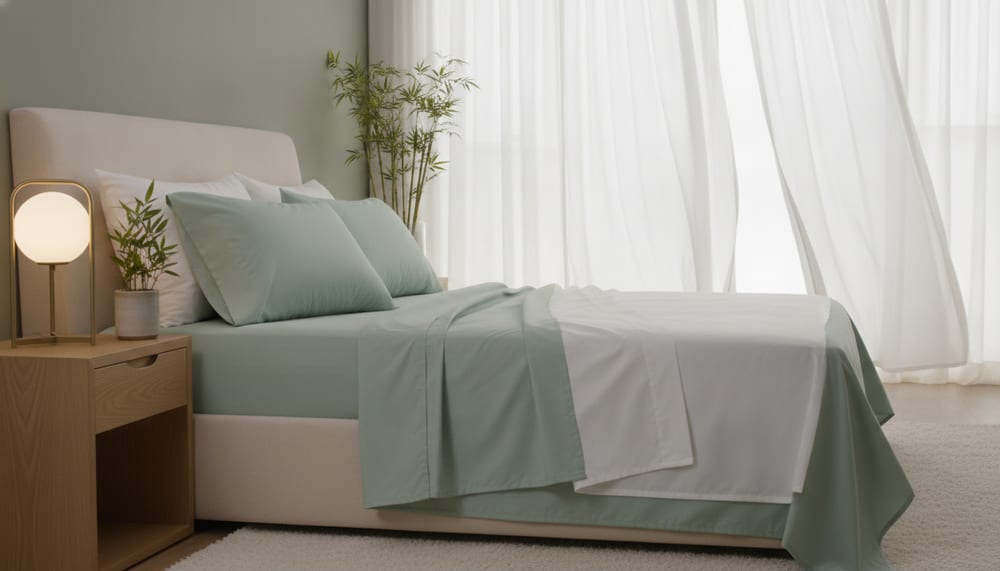 A bed made up in sage bamboo sheets with the white flat sheet folded back, beside a wooden nightstand, a globe lamp and a bamboo plant